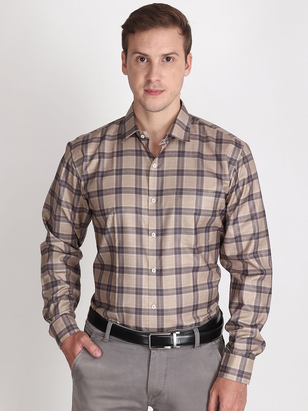 

APPEL TOUCH Men Comfort Regular Fit Spread Collar Tartan Checked Cotton Casual Shirt, Tan