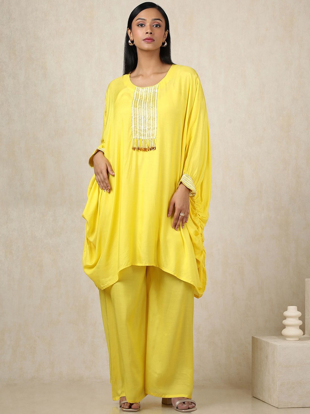 

Soch Striped Yoke Design Sequinned Round Neck Kaftan Pure Cotton Kurta With Palazzos, Yellow