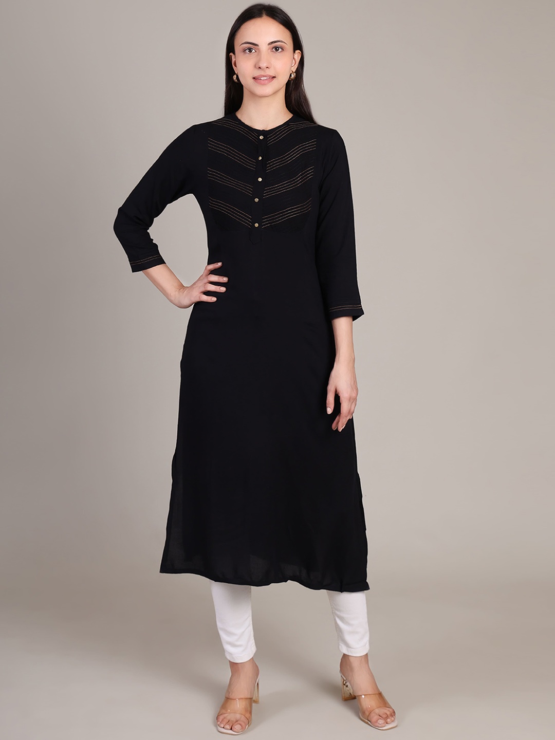 

DELIS Self Design Round Neck Straight Kurta, Black