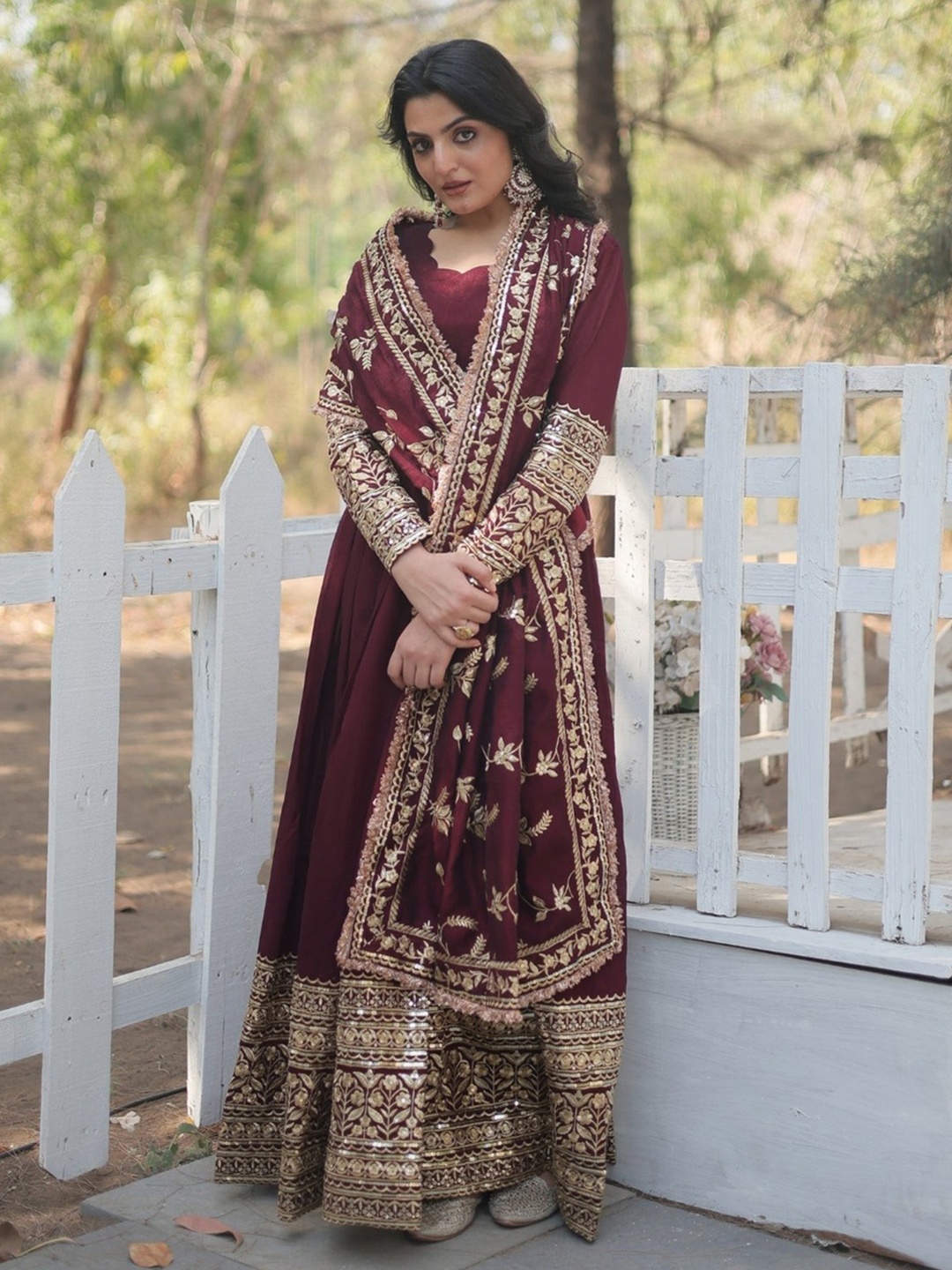 

Fusionic Women Embroidered Gown Maxi Ethnic Dresses With Dupatta, Maroon