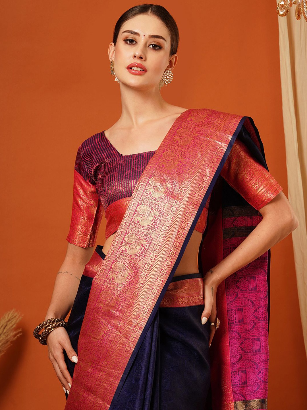 

yourwish Ethnic Motifs Woven Design Zari Mysore Silk Saree, Navy blue