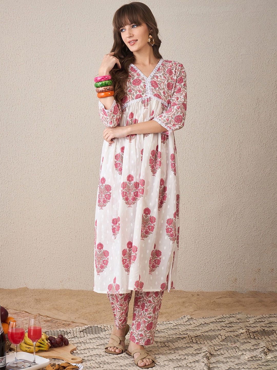 

Indo Era Floral Printed V-Neck Empire Pure Cotton A-Line Kurta With Trouser, White