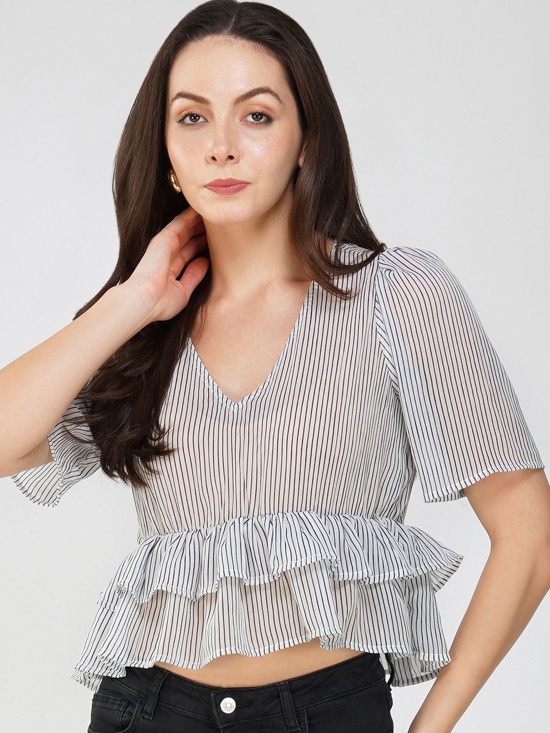 

Avor Lifestyle Striped V-Neck Gathered Crop Top, White