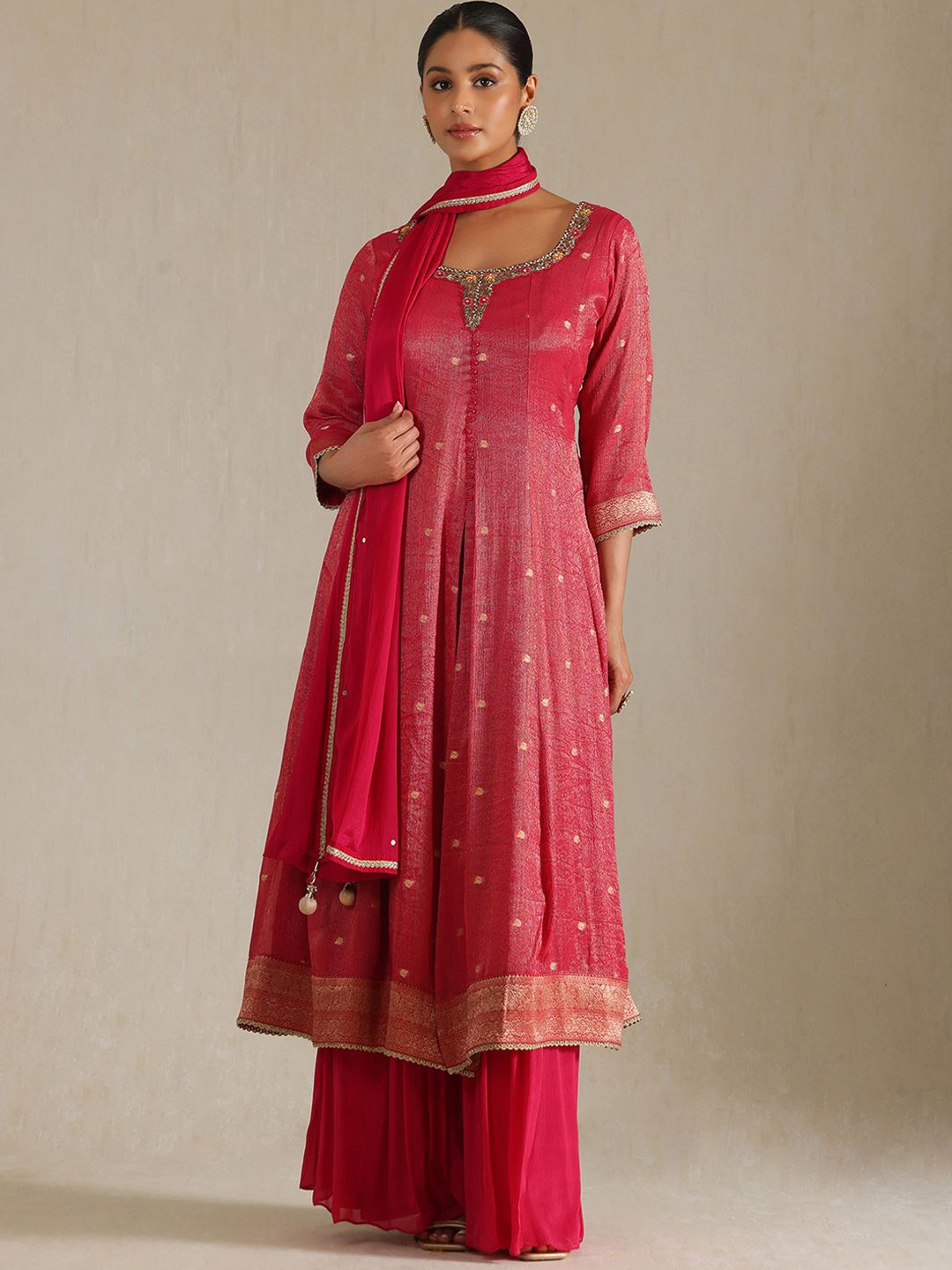 

Soch Polka Dots Woven Design Sequinned Tissue A-Line Kurta With Palazzos & Dupatta, Fuchsia