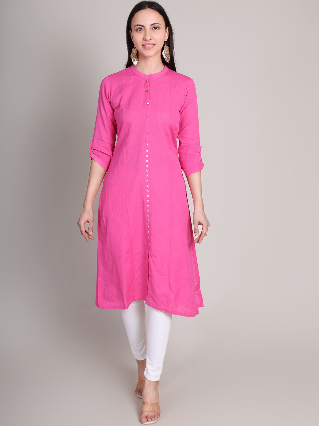 

DELIS Mandarin Collar Roll-Up Sleeves Linen A-Line Kurta, Pink