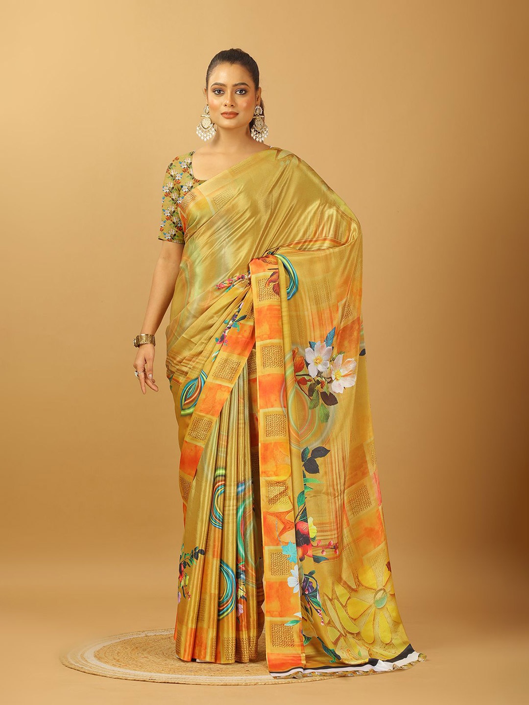 

VIRENDRA TEXTILES Floral Printed Pure Crepe Saree, Yellow