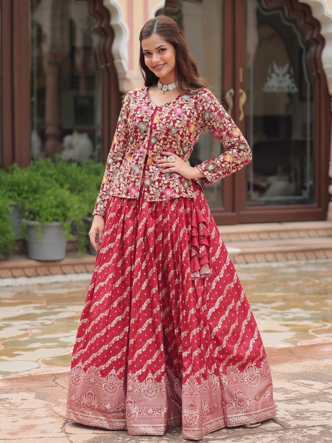 

ZIBLON Floral Embroidered Ready to Wear Lehenga With Blouse, Red