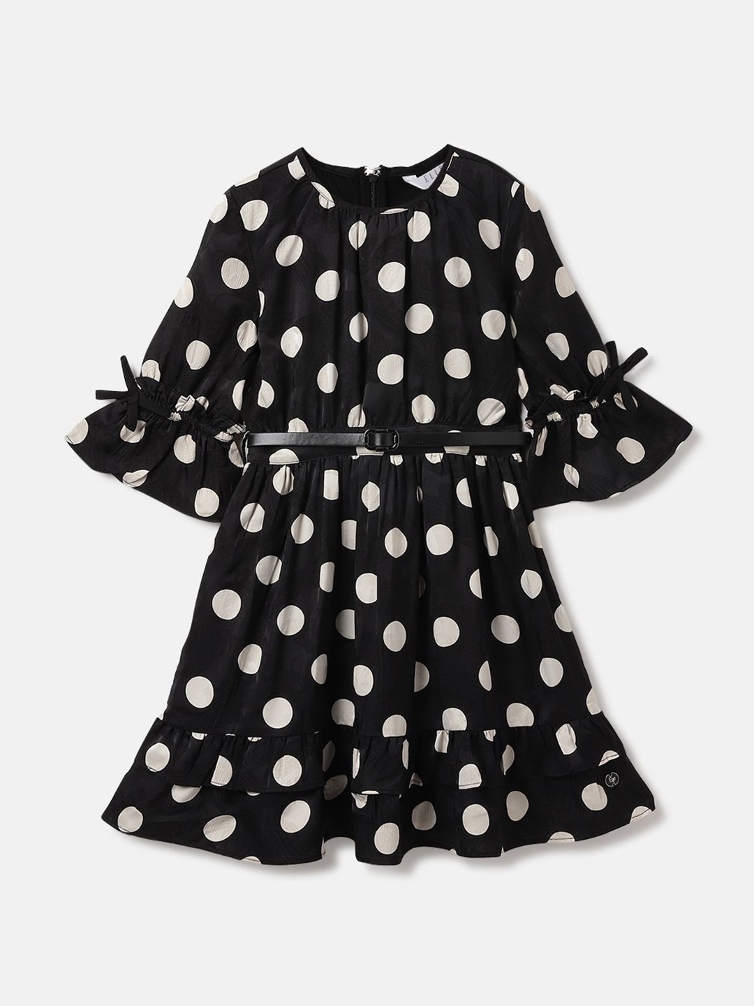 

ELLE Girls Polka Dot Printed Bell Sleeves A-Line Dress, Black
