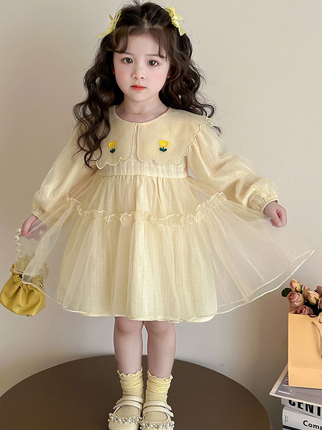 

LULU & SKY Girl Round Neck Puff Sleeve Above Knee A-Line Dress, Yellow