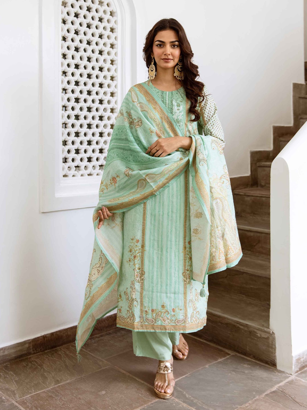

KALINI Floral Printed Round Neck Sequinned Modal Straight Kurta With Palazzos & Dupatta, Turquoise blue