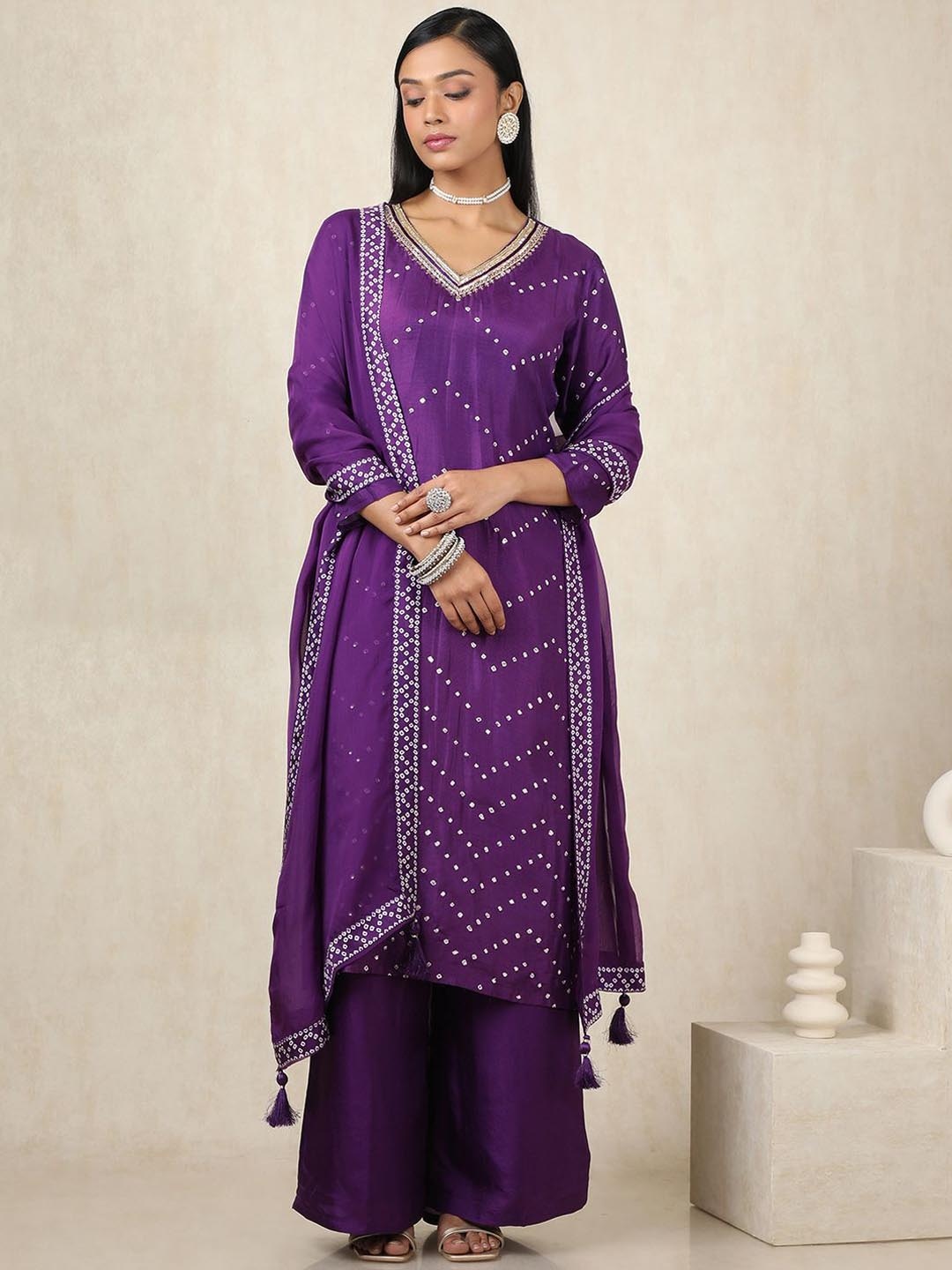 

Soch Bandhani Printed V-Neck Beads And Stones Straight Kurta With Palazzos And Dupatta, Purple
