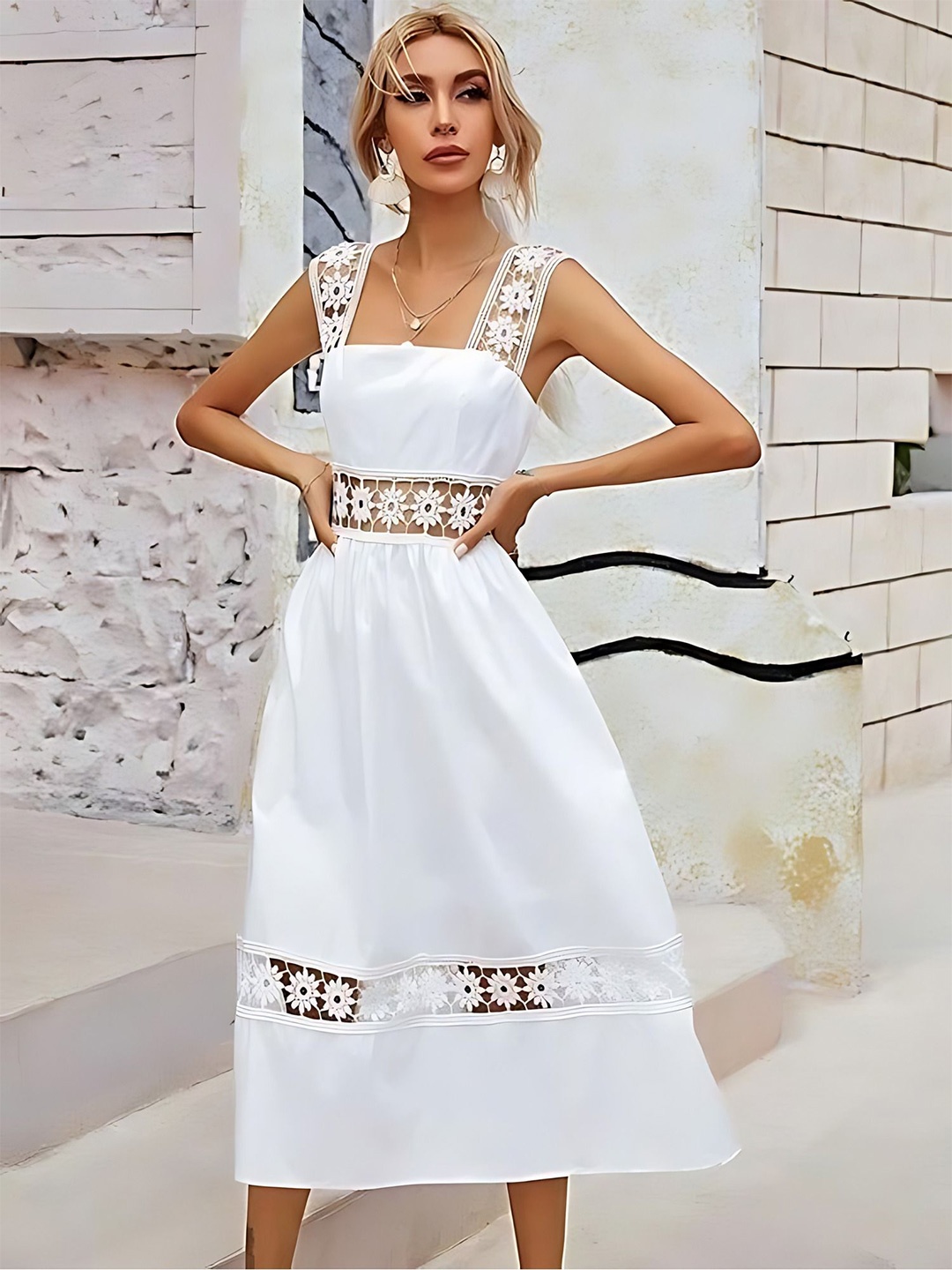 

ZELZIS Women Crepe & Lace Crochet Wide Strap Party Wear Fit and Flare Dress, White