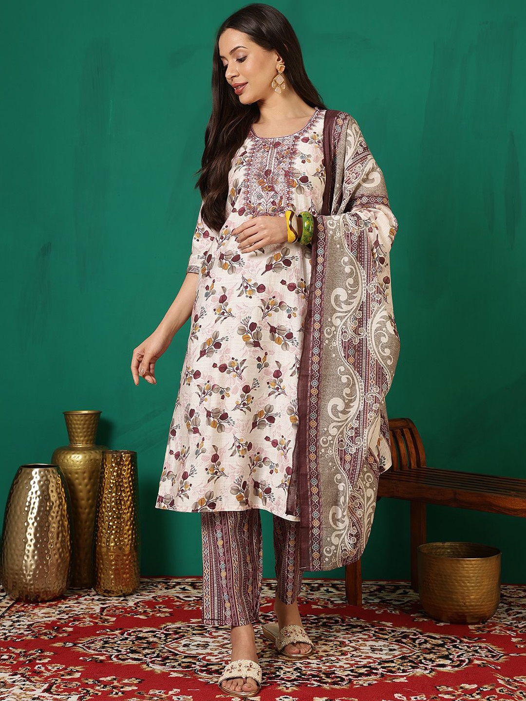 

Sangria Floral Printed Thread Work Straight Kurta With Trouser And Dupatta, White