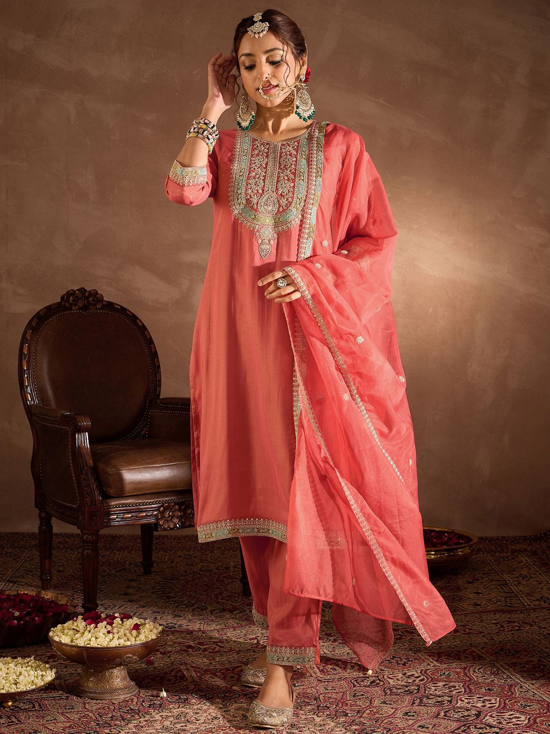 

Indo Era Floral Yoke Design Thread Work Straight Kurta With Trousers & Dupatta, Pink