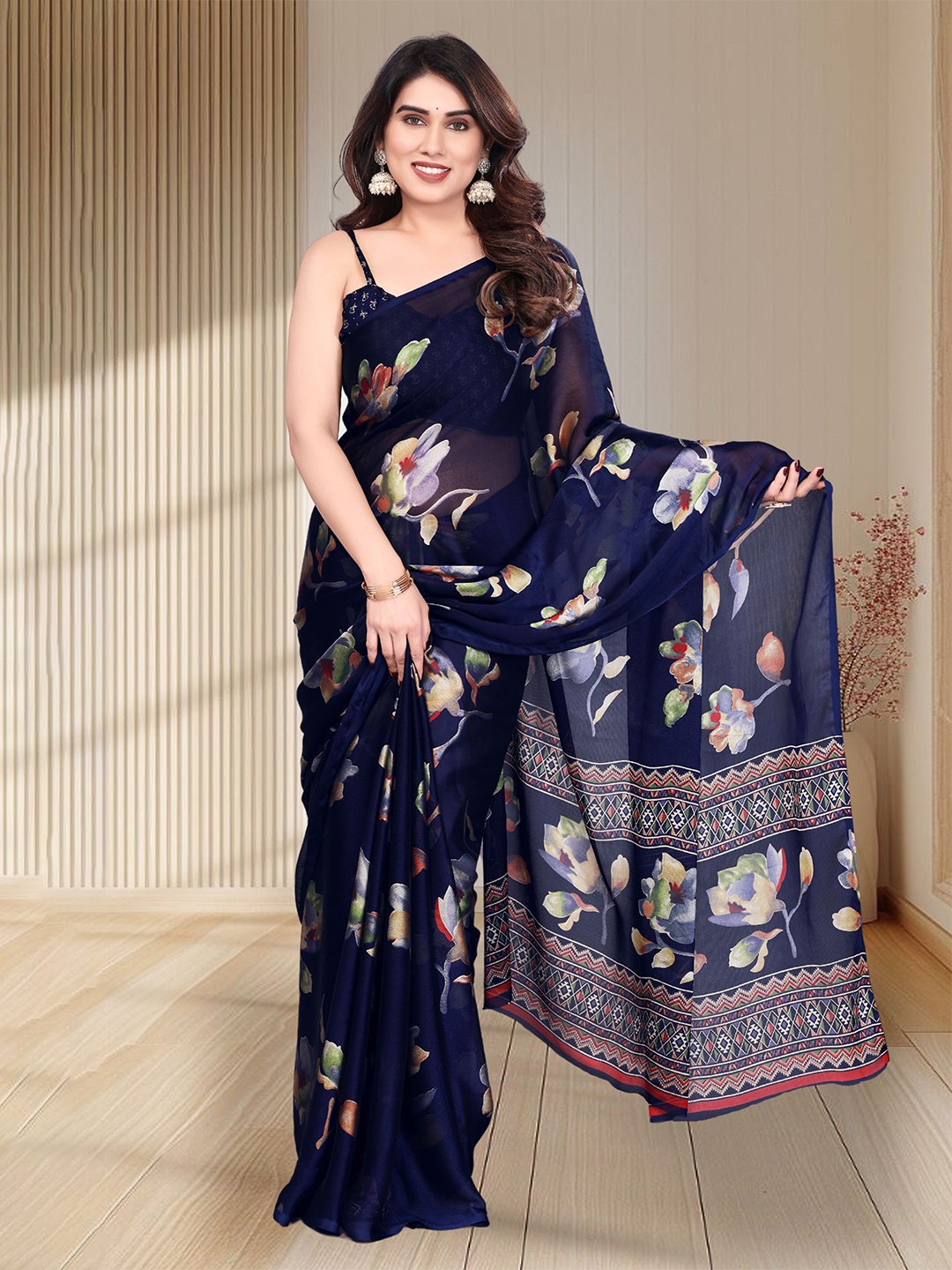 

SUPERLAXMI Floral Printed Pure Chiffon Saree, Navy blue