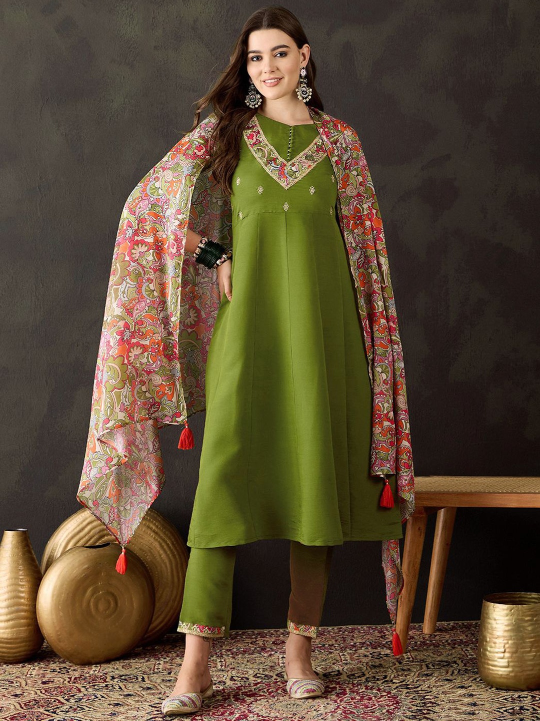 

Anouk Floral Yoke Design Sequinned A-Line Kurta With Trousers & Dupatta, Green