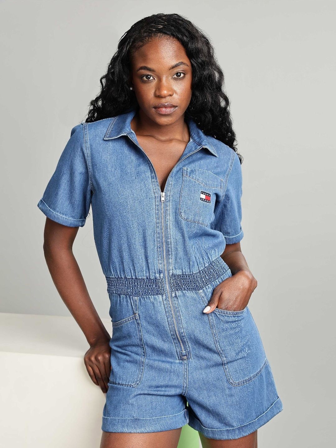 

Tommy Hilfiger Women Shirt Collar Short Sleeves Basic Jumpsuit, Blue