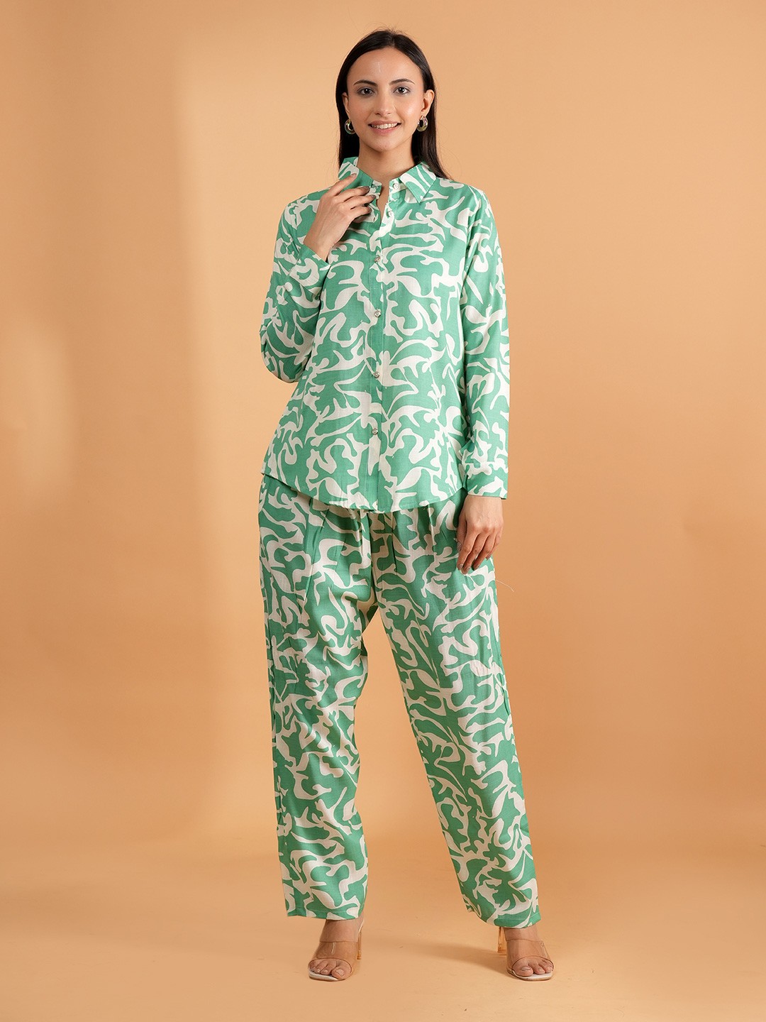 

Dreambe Printed Shirt Collar Shirt With Trousers, Green