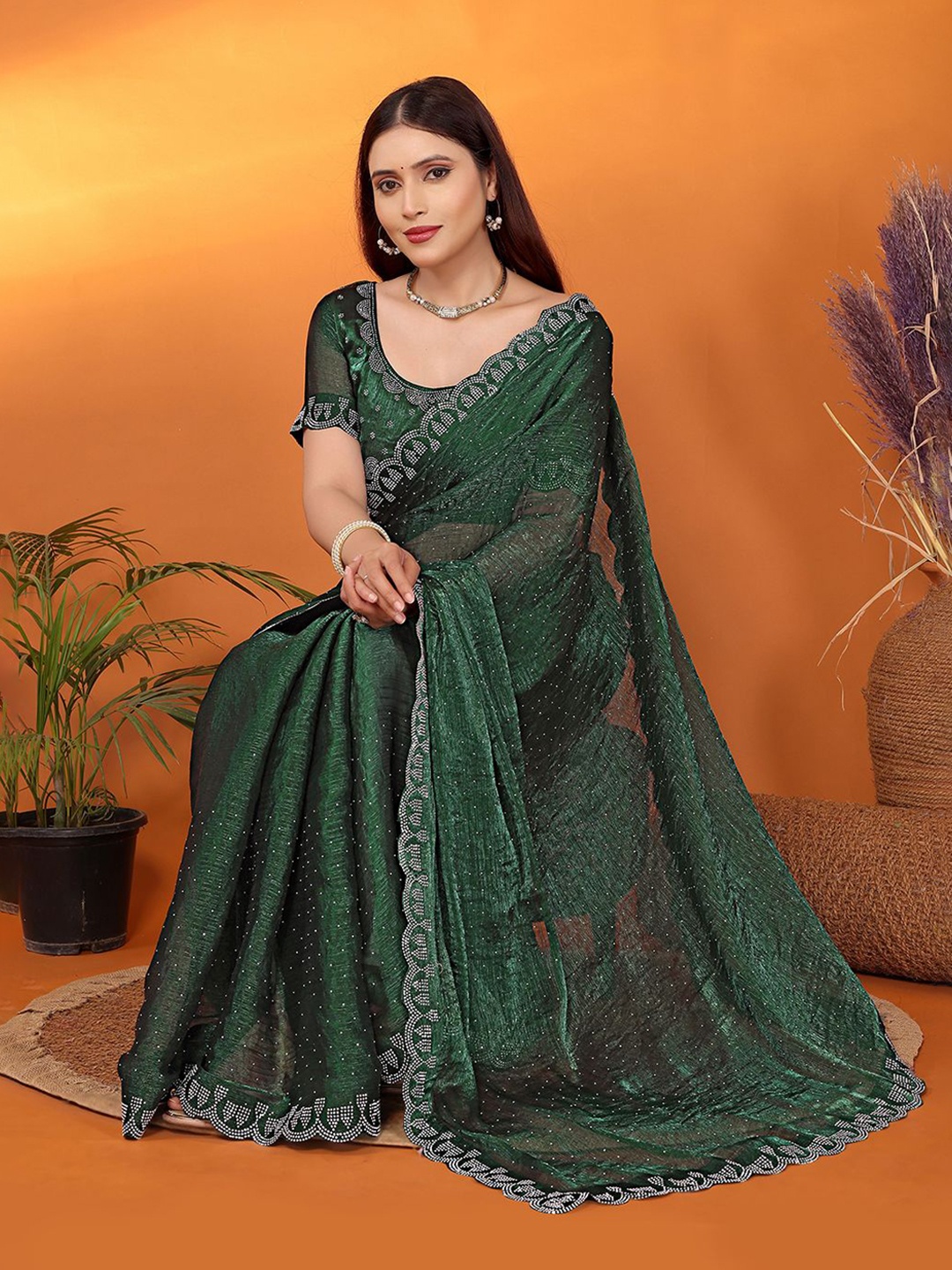 

FABMORA Embellished Beads and Stones Saree, Green