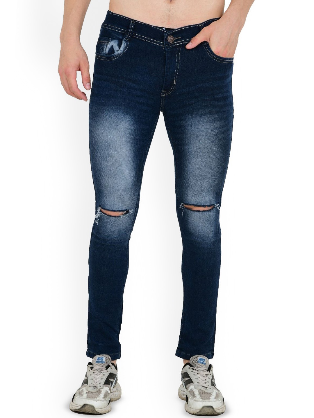 

LINARIA Men Classic Slim Fit Slash Knee Heavy Fade Cotton Jeans, Blue