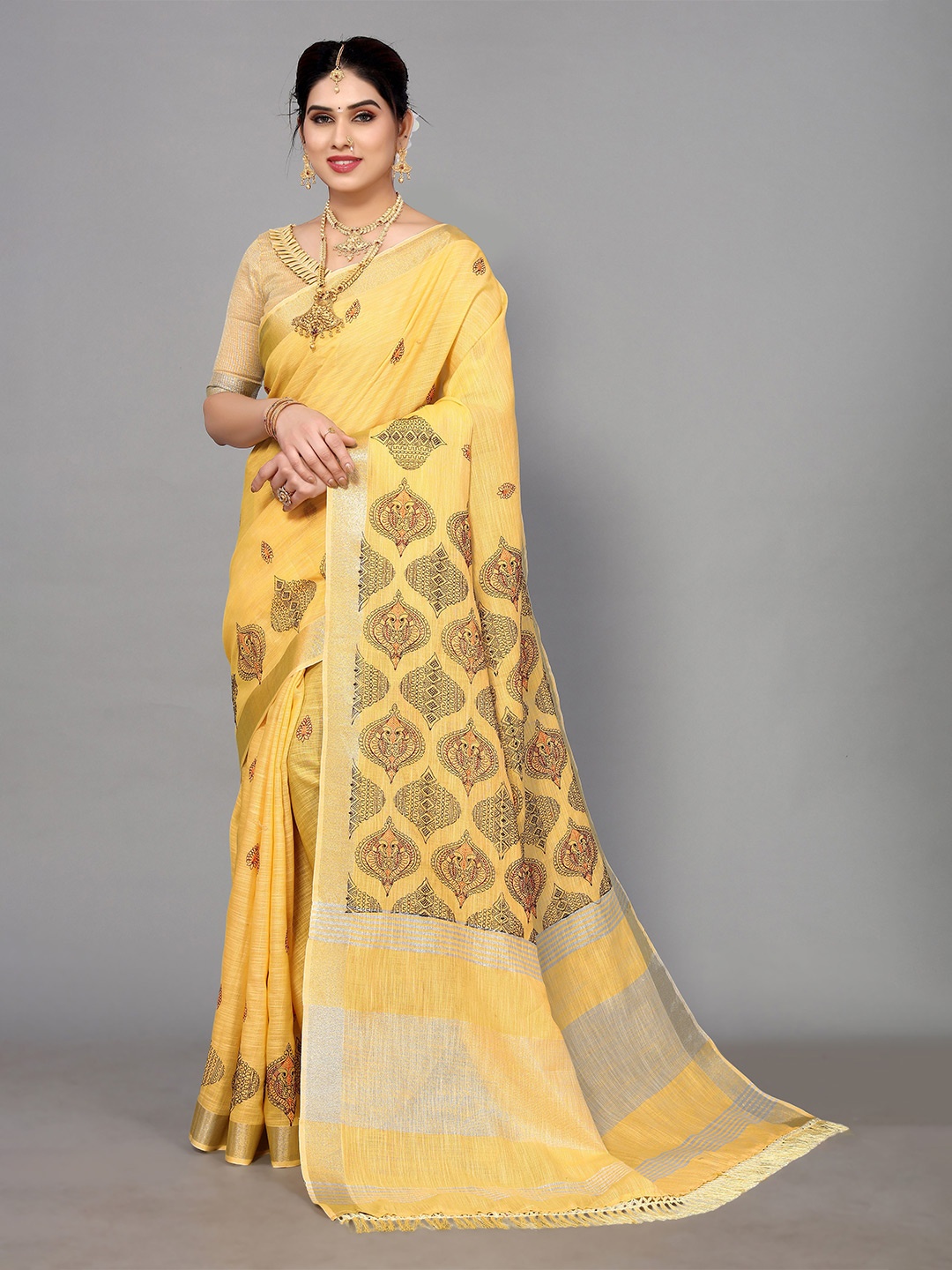 

VIRENDRA TEXTILES Ethnic Motifs Printed Zari Saree, Yellow