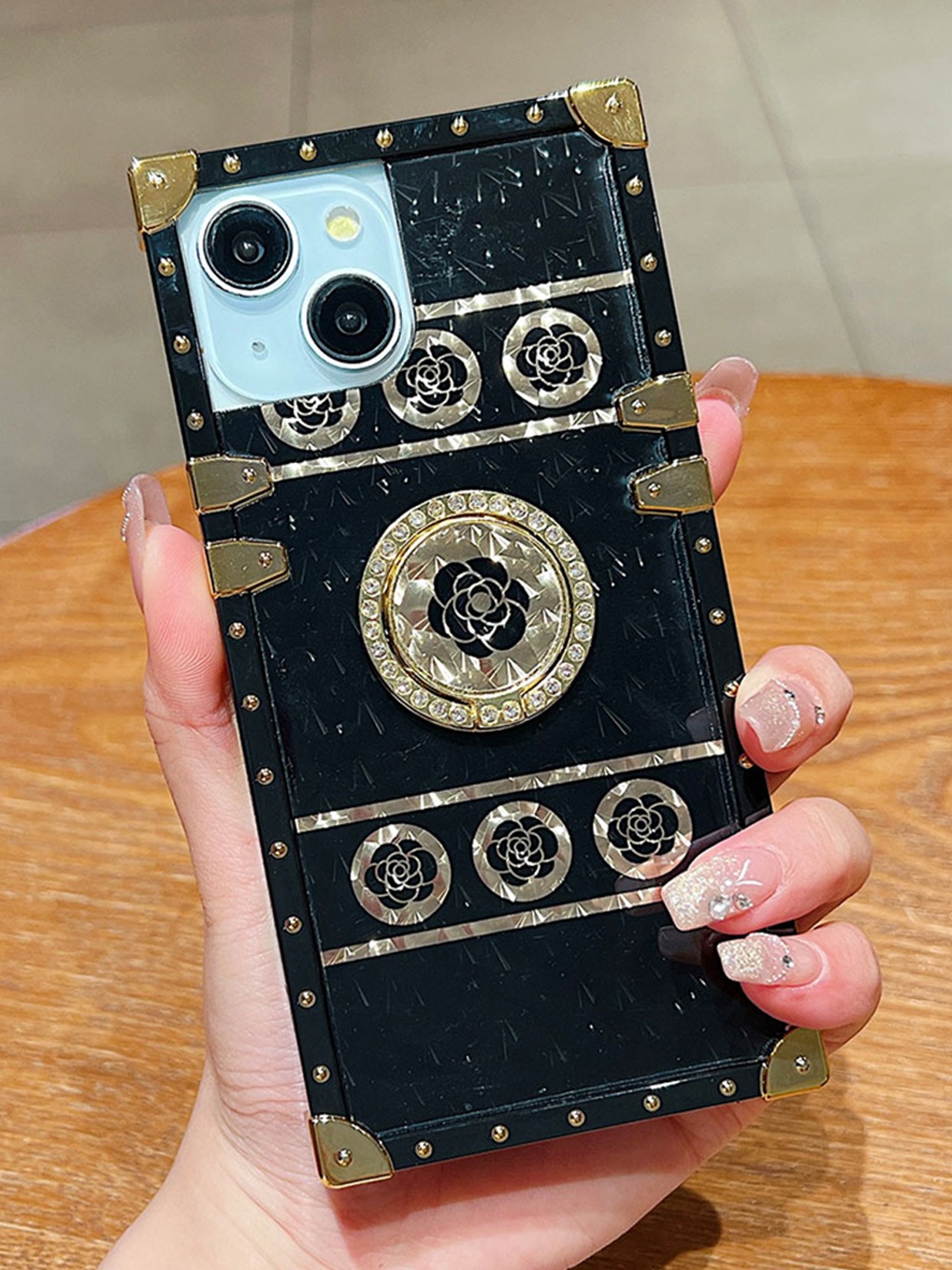 

Luxury Kase Floral Design & Ring Holder iPhone 15 Back Case, Black