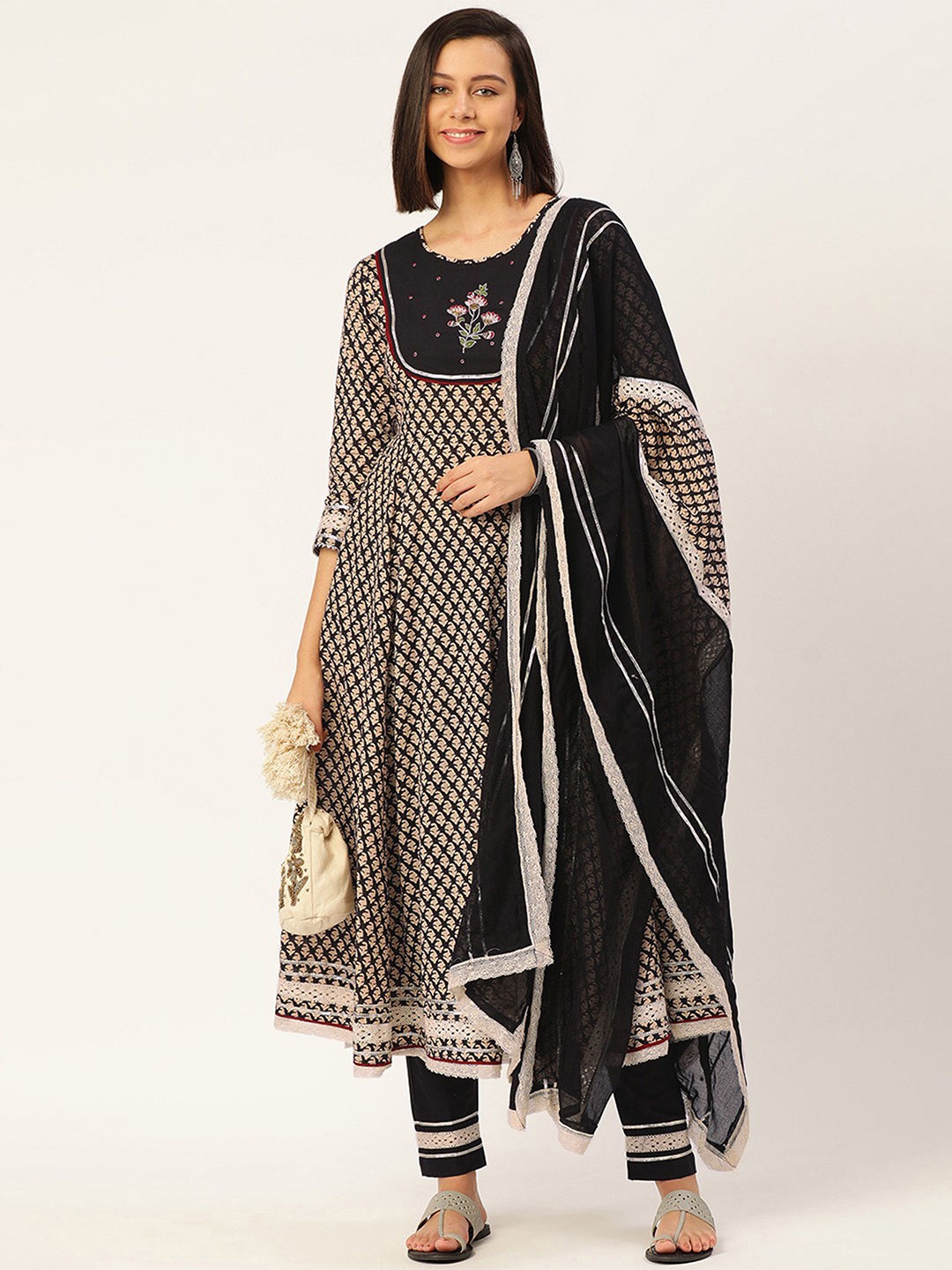 

Fourleaf Floral Printed Round Neck Pure Cotton Anarkali Kurta with Trousers & Dupatta, Beige