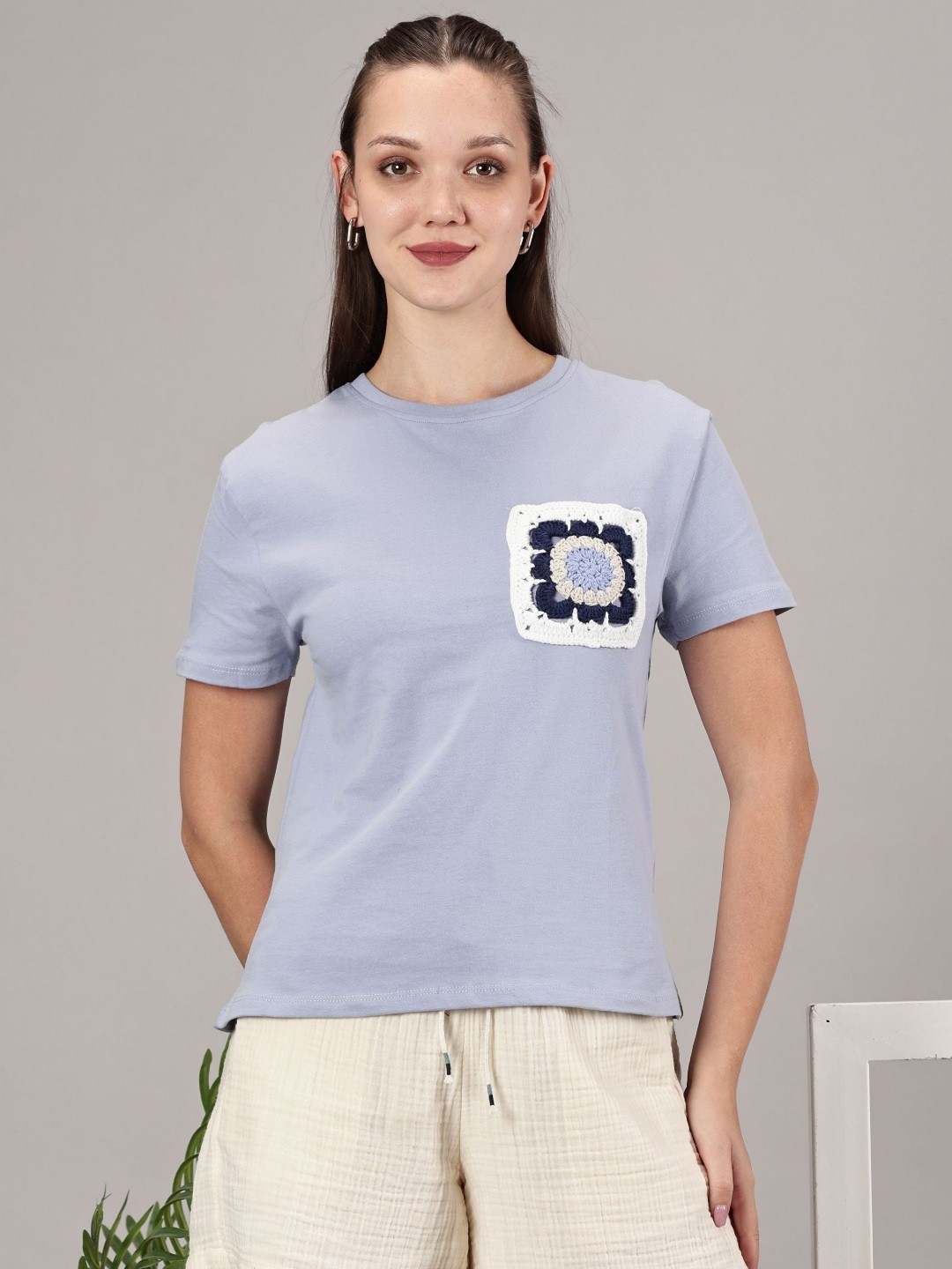 

KAPASRITI Women Typography Pockets T-shirt, Blue