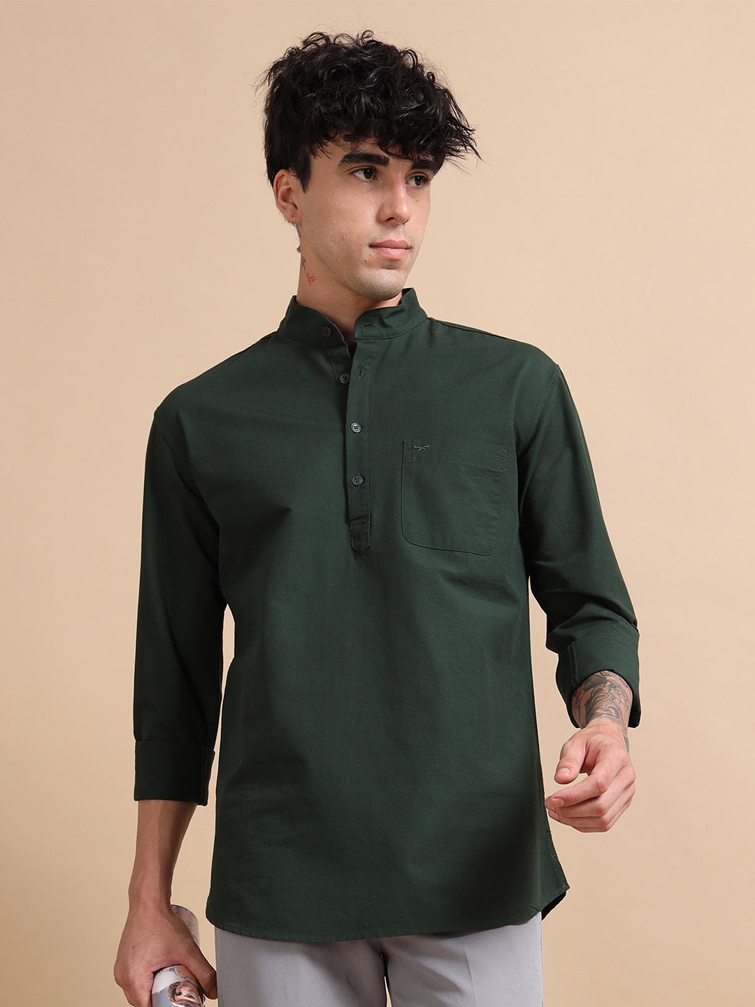 

RIGS AND RAGS Men Classic Fit Mandarin Collar Solid Linen Casual Shirt, Green