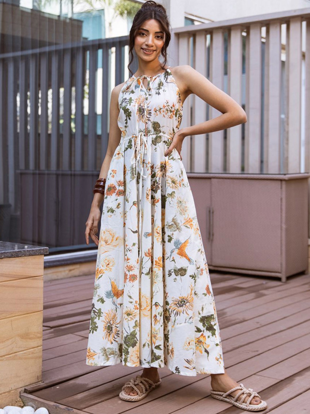 

ARAVALII Women Floral Printed Cotton Halter-Neck Fit and Flare Maxi Dress, Cream