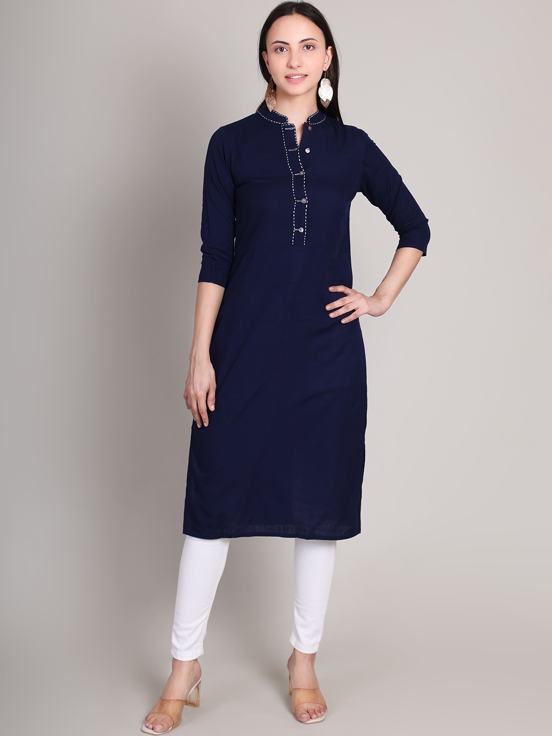 

DELIS Mandarin Collar Thread Work Linen Straight Kurta, Navy blue