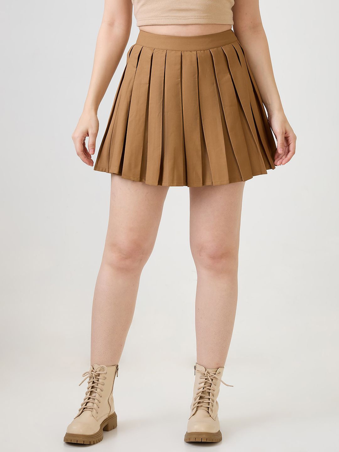 

Globus Women Tan High-Rise Pleated Mini Korean Tennis Skirt