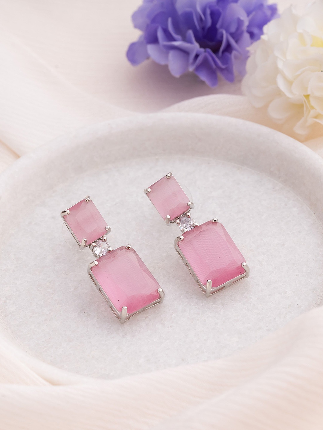 

Manikya Rhodium-Plated American Diamond Studded Square Drop Earrings, Pink