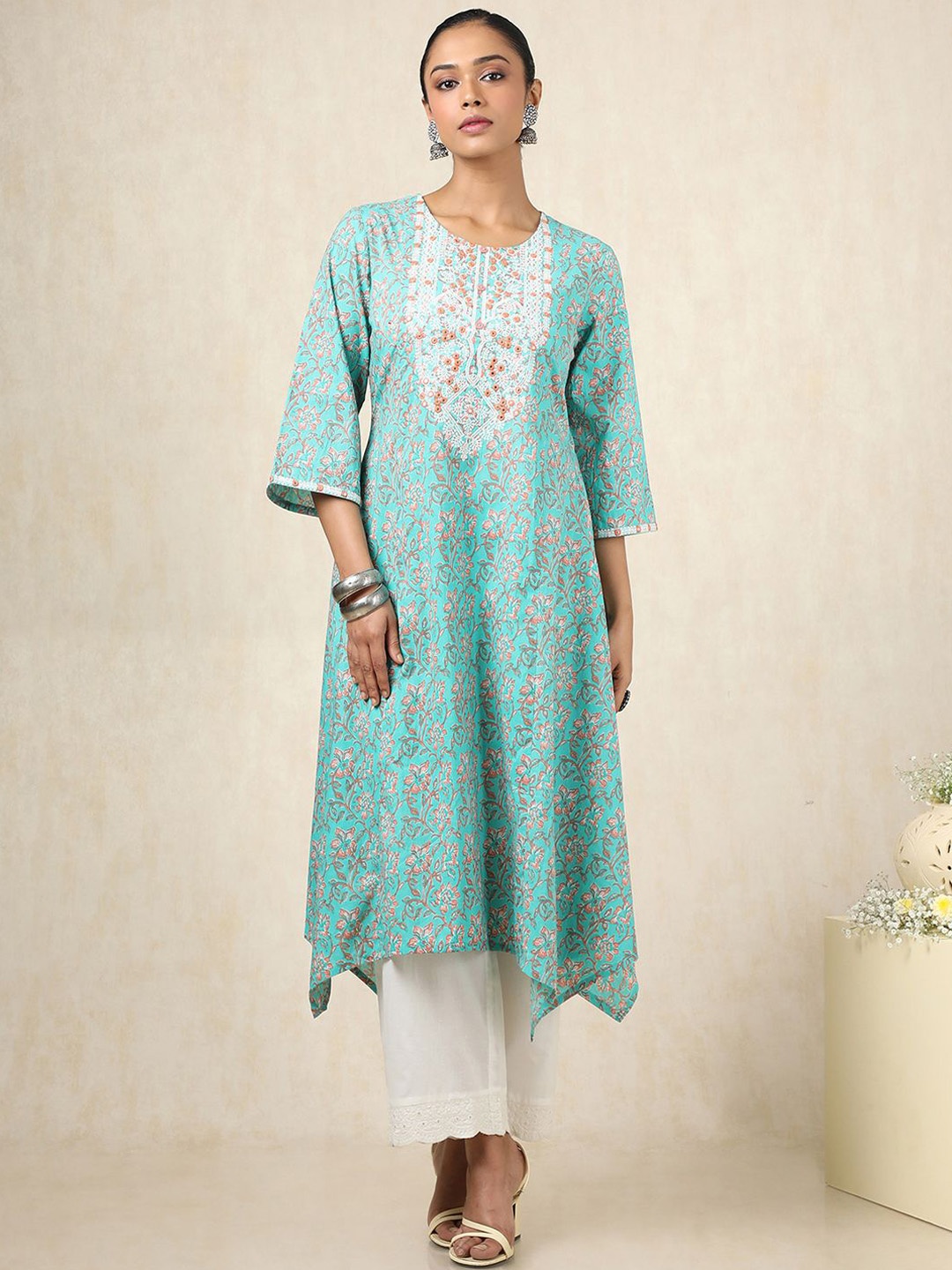

Soch Floral Printed Mirror Work A-Line Kurta With Harem Pants, Turquoise blue