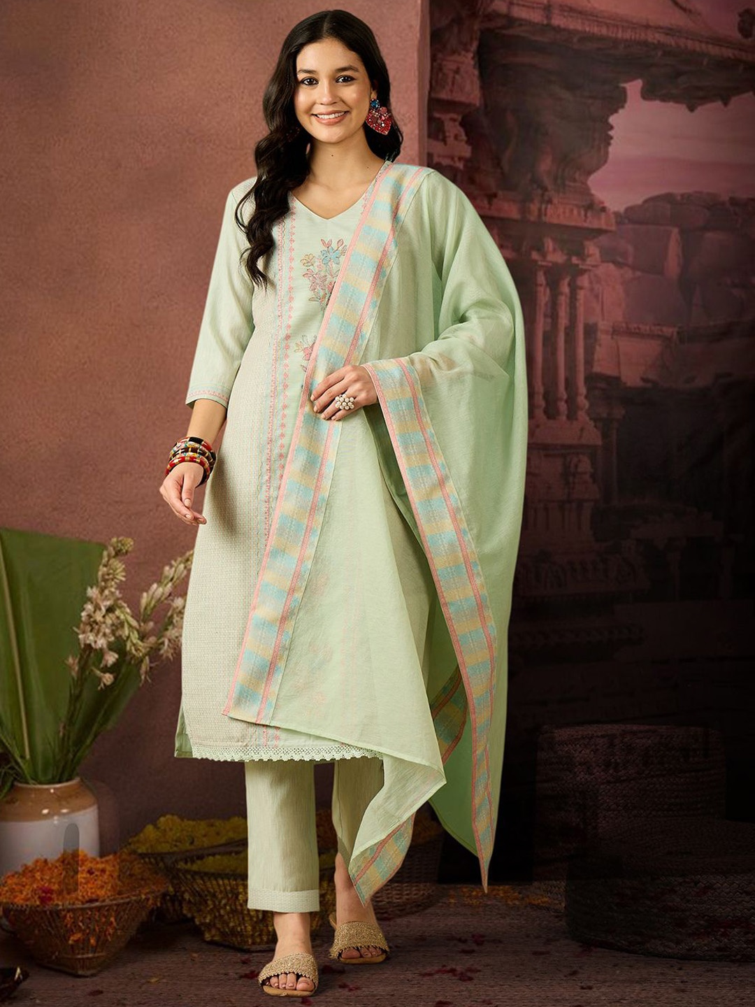 

Anouk Floral Woven Design V-Neck Aari Work Jacquard Straight Kurta With Trousers & Dupatta, Sea green