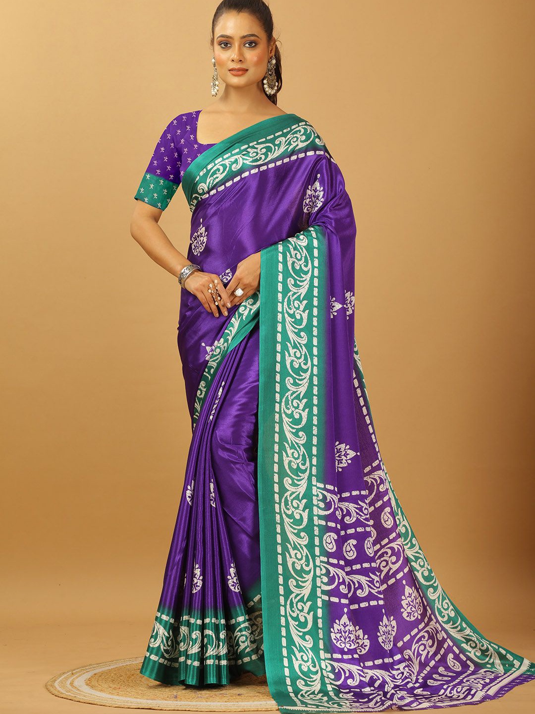 

VIRENDRA TEXTILES Ethnic Motifs Printed Pure Crepe Saree, Purple