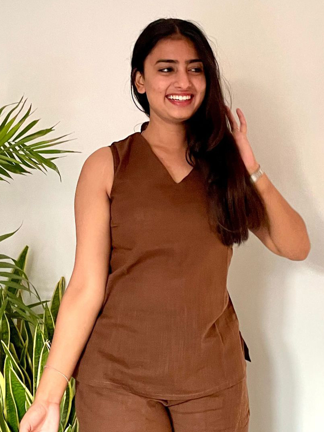 

Noor by Hansa V-Neck Sleeveless Cotton Top With Trouser Co-Ords, Coffee brown