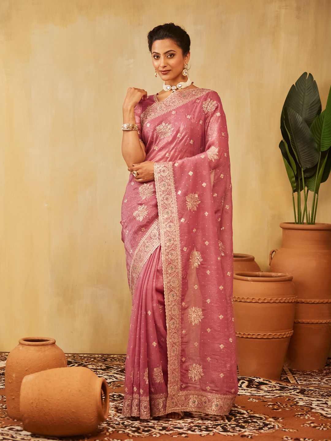 

kasee Embellished Embroidered Pure Chiffon Saree, Pink