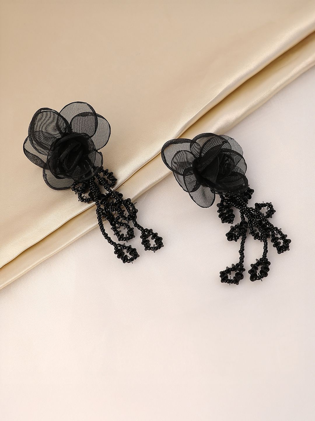 

SOHI Silver-Plated Floral Shaped Artificial Beads Drop Earrings, Black