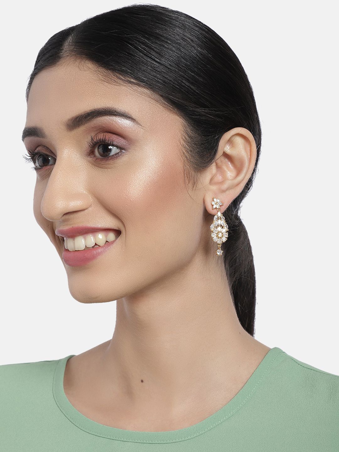 

House of Pataudi Gold-Plated American Diamond Studded Floral Drop Earrings, White