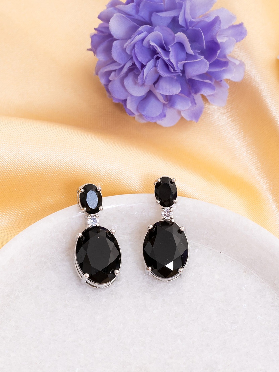 

Manikya Rhodium-Plated American Diamond Studded Oval Drop Earrings, Black