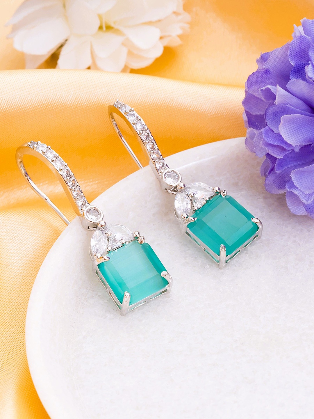 

Manikya Rhodium-Plated American Diamond Studded Square Shaped Drop Earrings, Silver