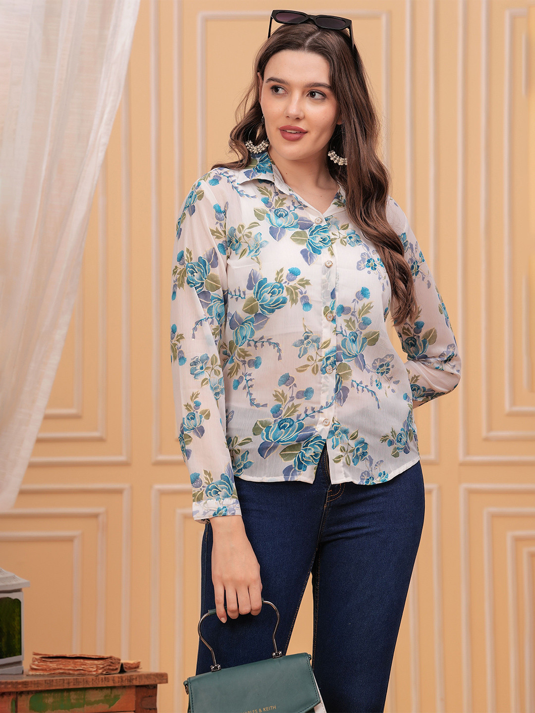 

OH MI DIOS Women Comfort Relaxed Fit Spread Collar Floral Printed Casual Shirt, White