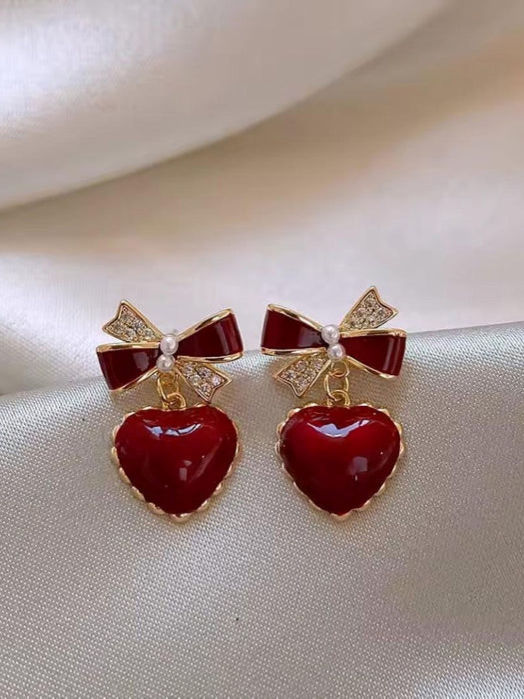 

SUBHAGALANKAR Gold-Plated Rhinestone Studded Heart Shaped Drop Earrings, Red