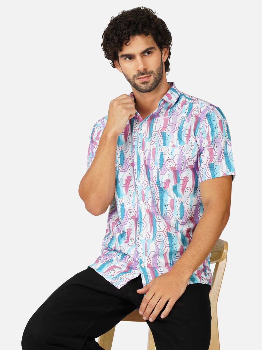 

BASE 41 Men Spread Collar Geometric Printed Casual Shirt, White