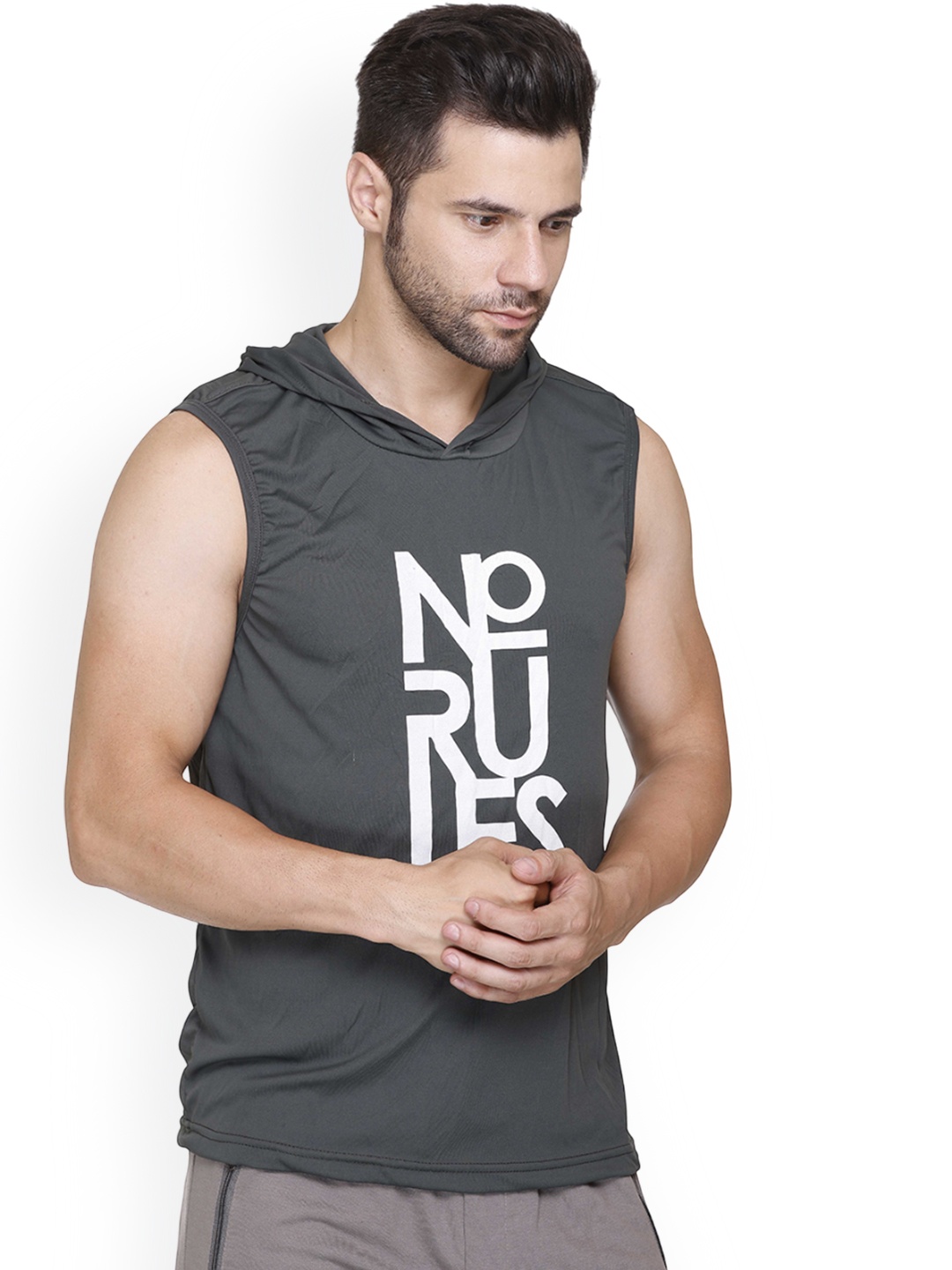 

Colors and Blends Men Sleeveless Printed Hooded Tshirts, Grey