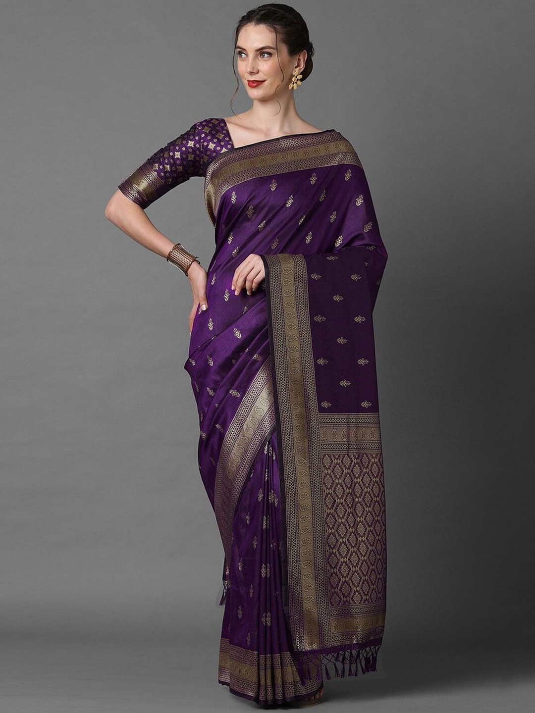 

yourwish Ethnic Motifs Woven Design Zari Pure Silk Banarasi Saree, Purple