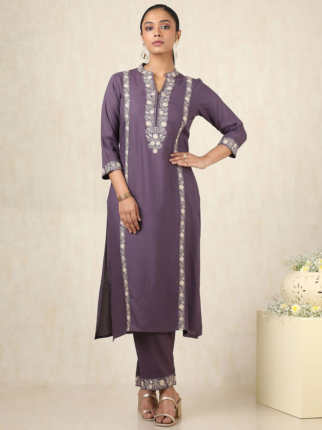 

Soch Floral Embroidered Mandarin Collar Thread Work Kurta With Trouser, Purple