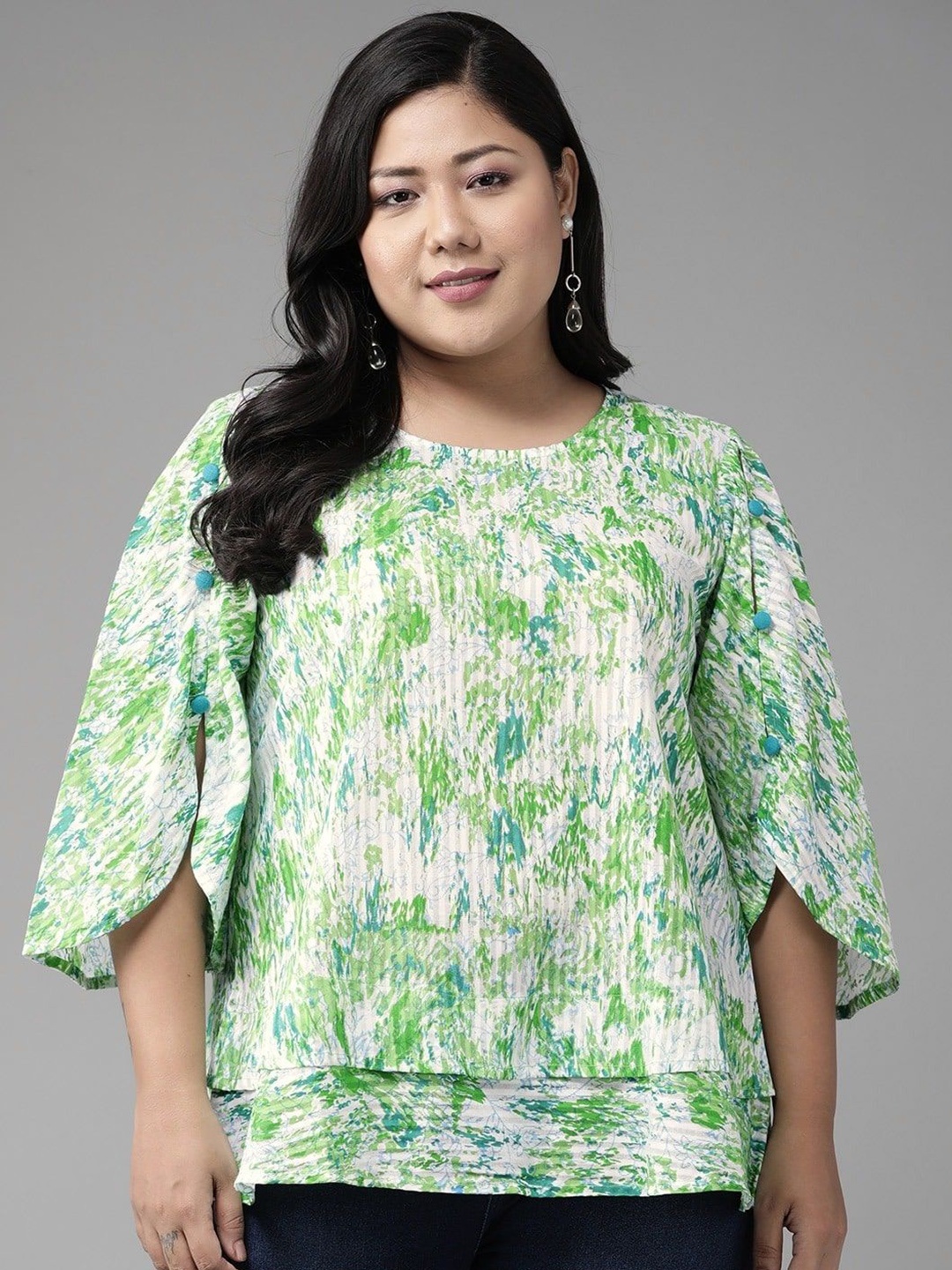 

KALINI Tie and Dye Print Flared Sleeve Cotton Top, Green