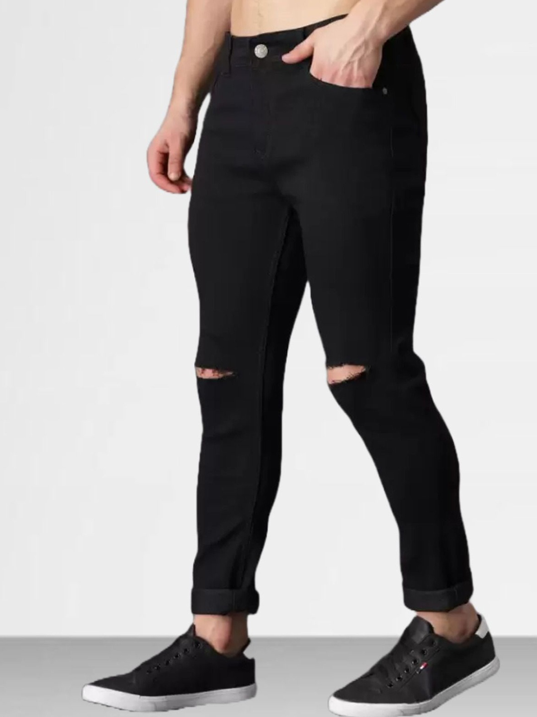 

LINARIA Men Classic Slim Fit Slash Knee Jeans, Black